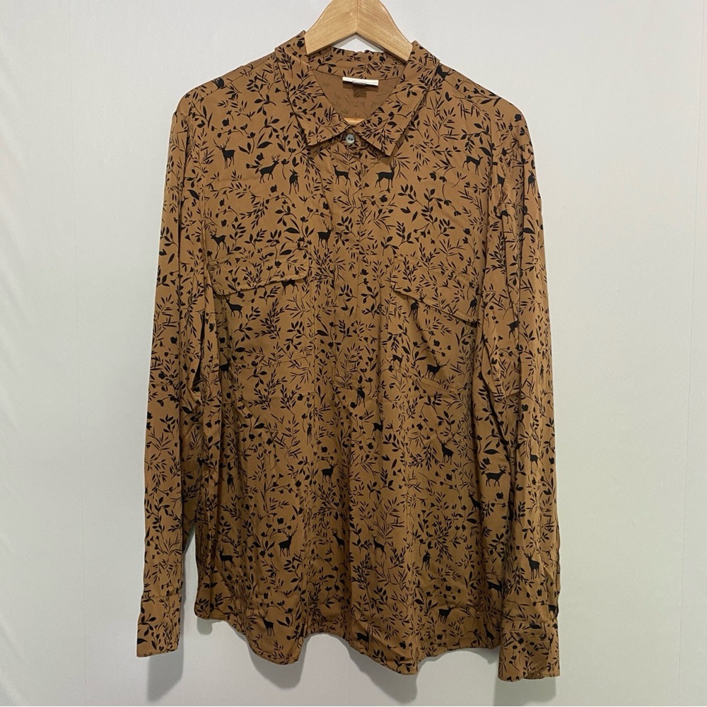 J. Jill XL Brown Deer Woodland Print Button Up Blouse EcoVero Viscose Nature